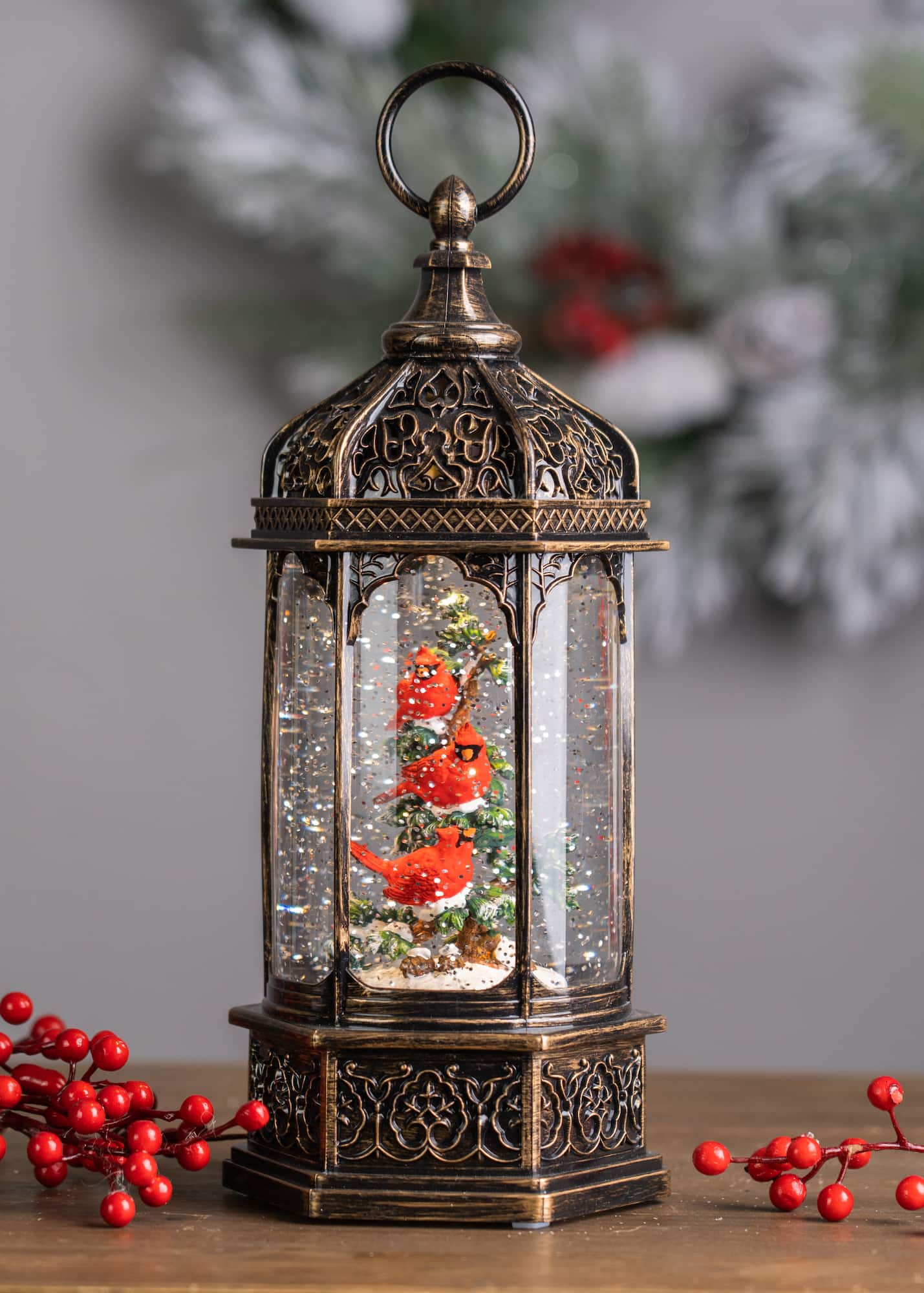 13" Snow Globe With Cardinals